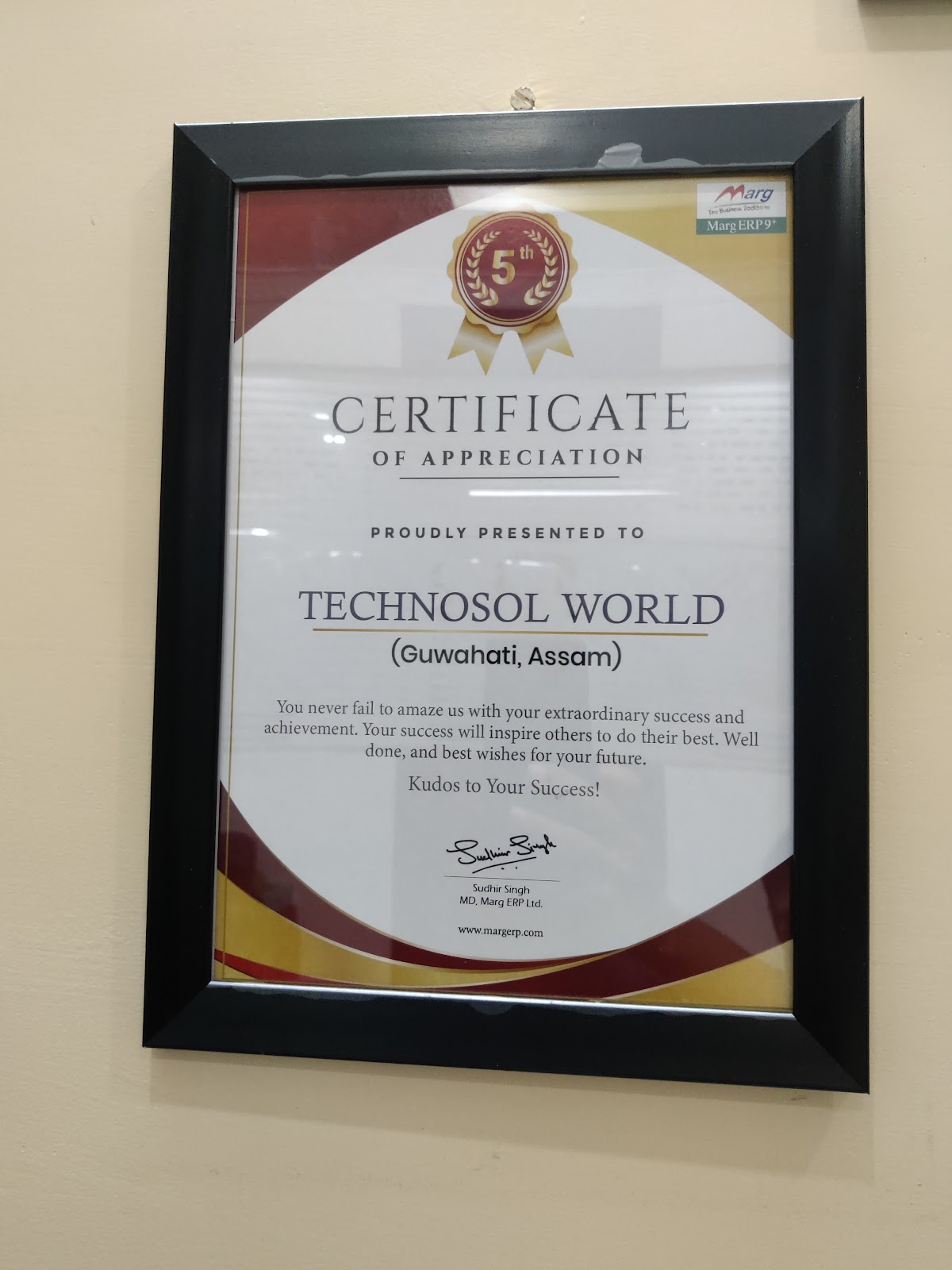 Certificate of Appreciation presented to TechnoSol World by Marg ERP Ltd.